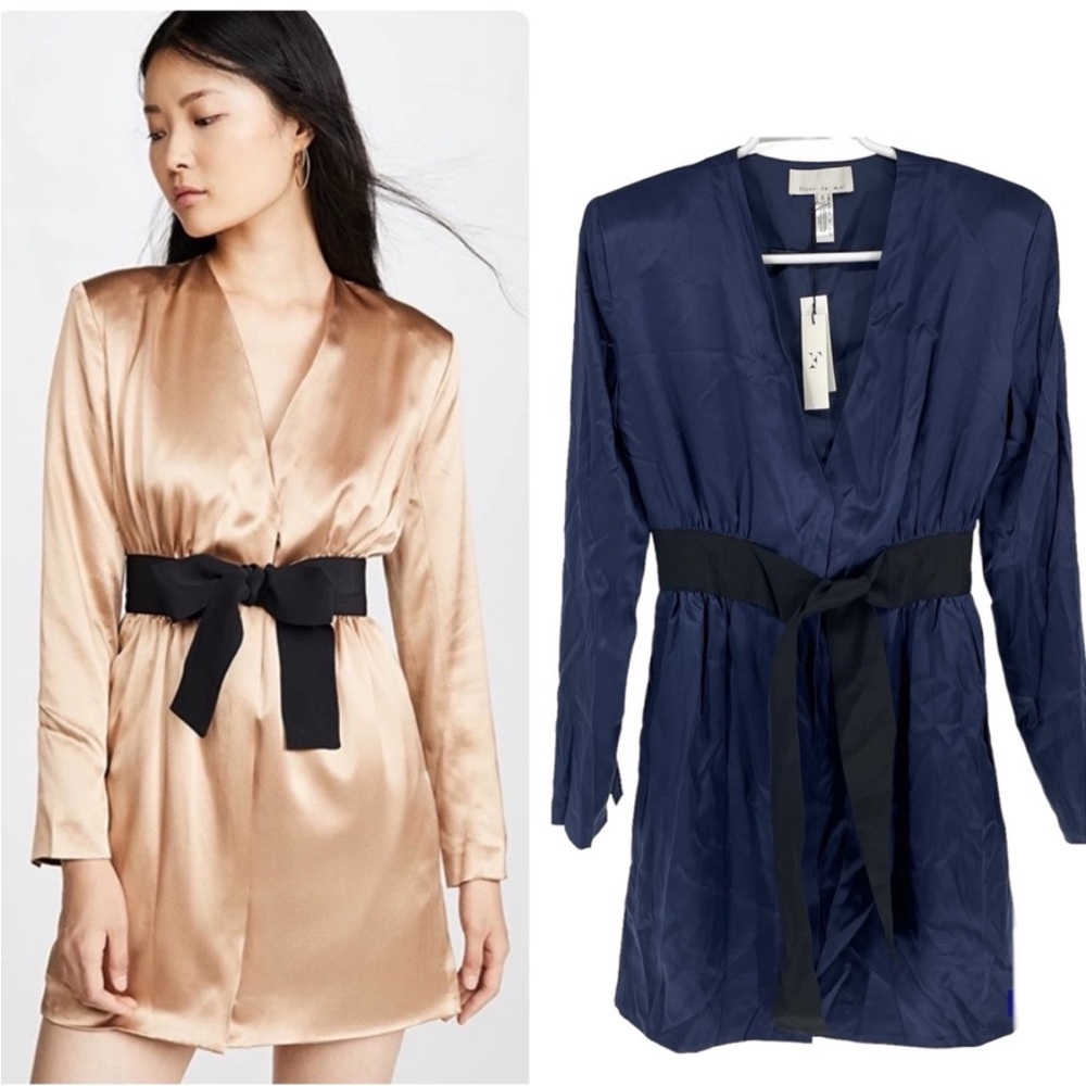 FLEUR DU MAL NWT SASH DRESS 100% SILK LONG SLEEVE IN INDIGO BLUE 0 TIE WAIST